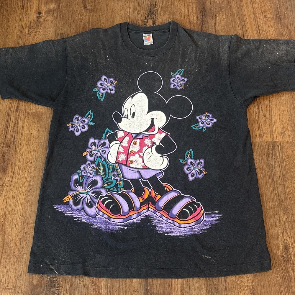 Vintage Mickey Unlimited T-Shirt XL Black Hawaiian Floral Graphic Disney 90s